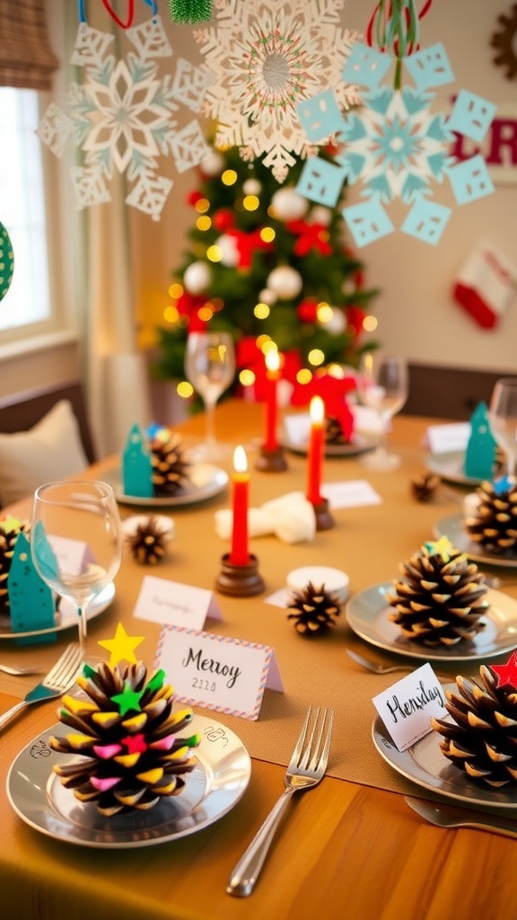 A cheerful Christmas table decorated with colorful crafts made by children, including painted pinecones and snowflakes.